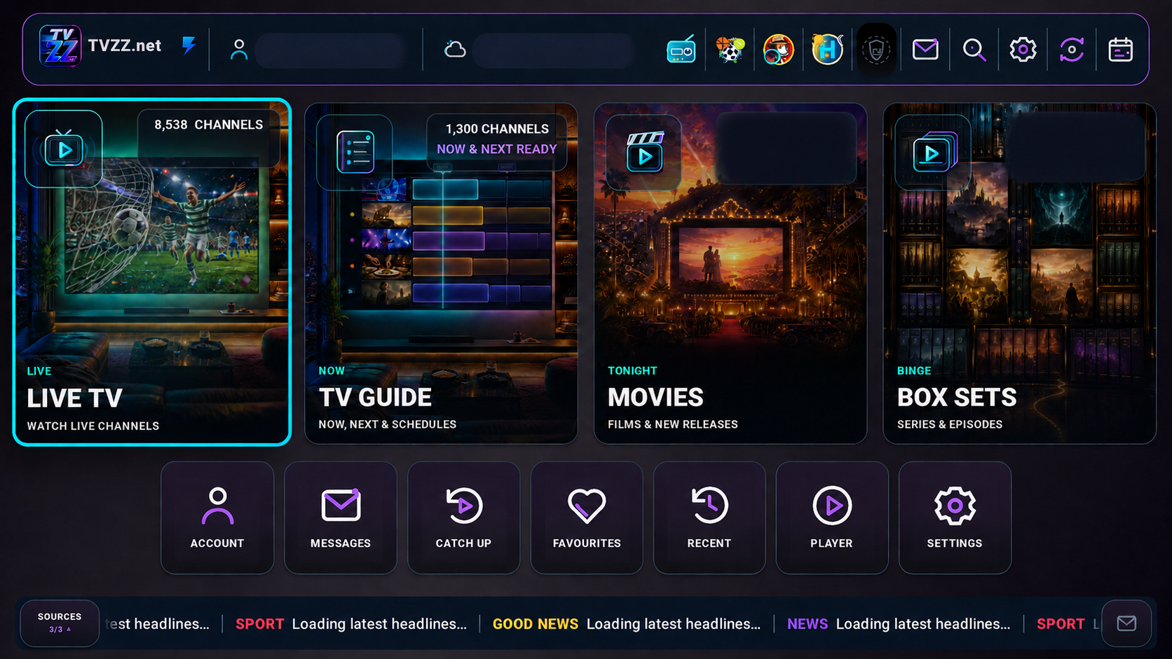 Current TVZZ app home screen showing Live TV, TV Guide, Movies and Box Sets. Private account details are blurred.