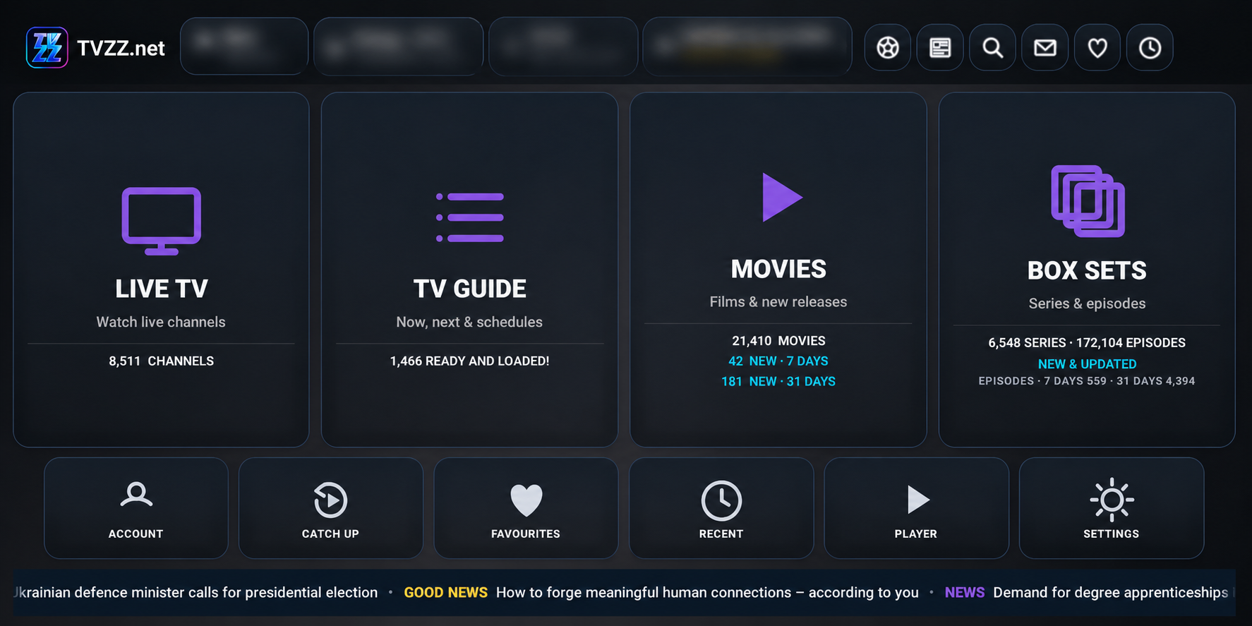 TVZZ app interface available through MyUltra with private account details blurred