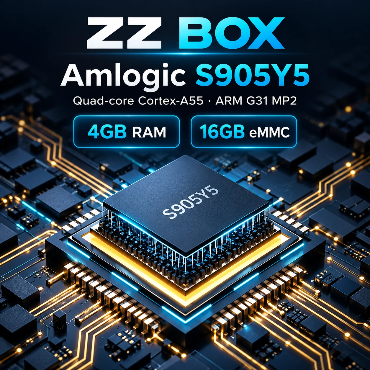Illustrated Amlogic S905Y5 processor graphic: quad-core Cortex-A55, ARM G31 MP2, 4GB RAM and 16GB eMMC