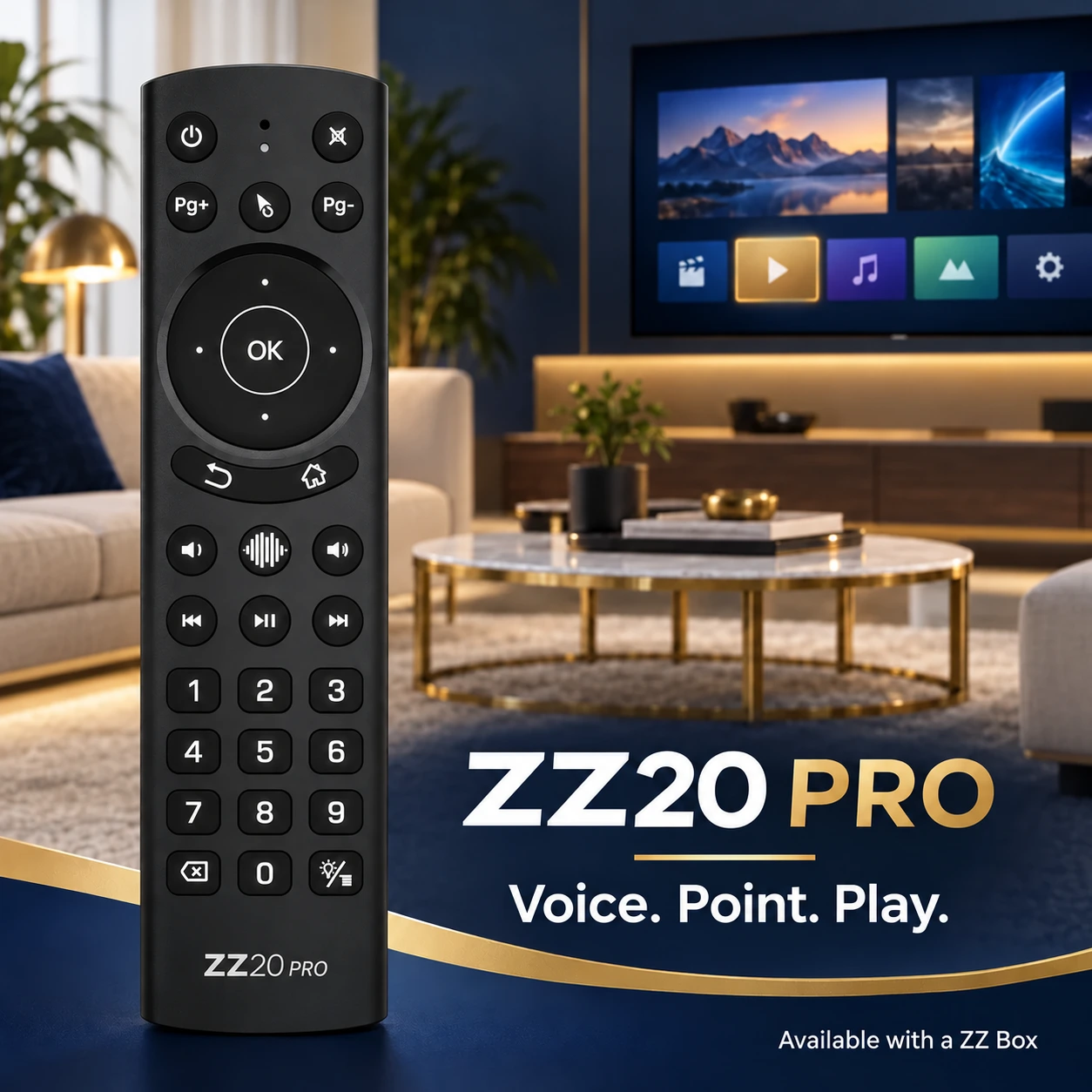 ZZ20 Pro remote, rebranded in navy and gold, beside a television
