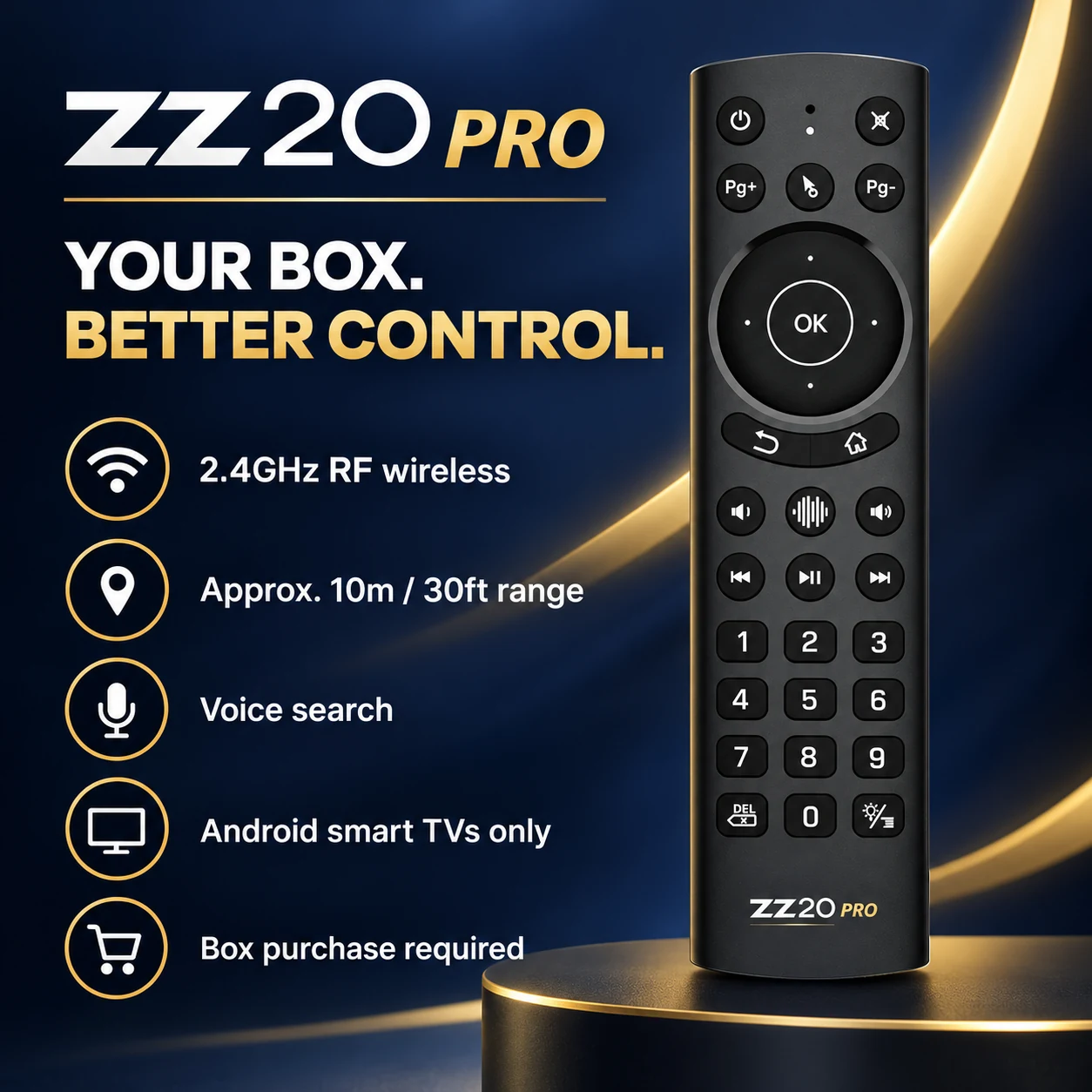 ZZ20 Pro 2.4GHz RF, approximate range, voice search and Android smart-TV specifications